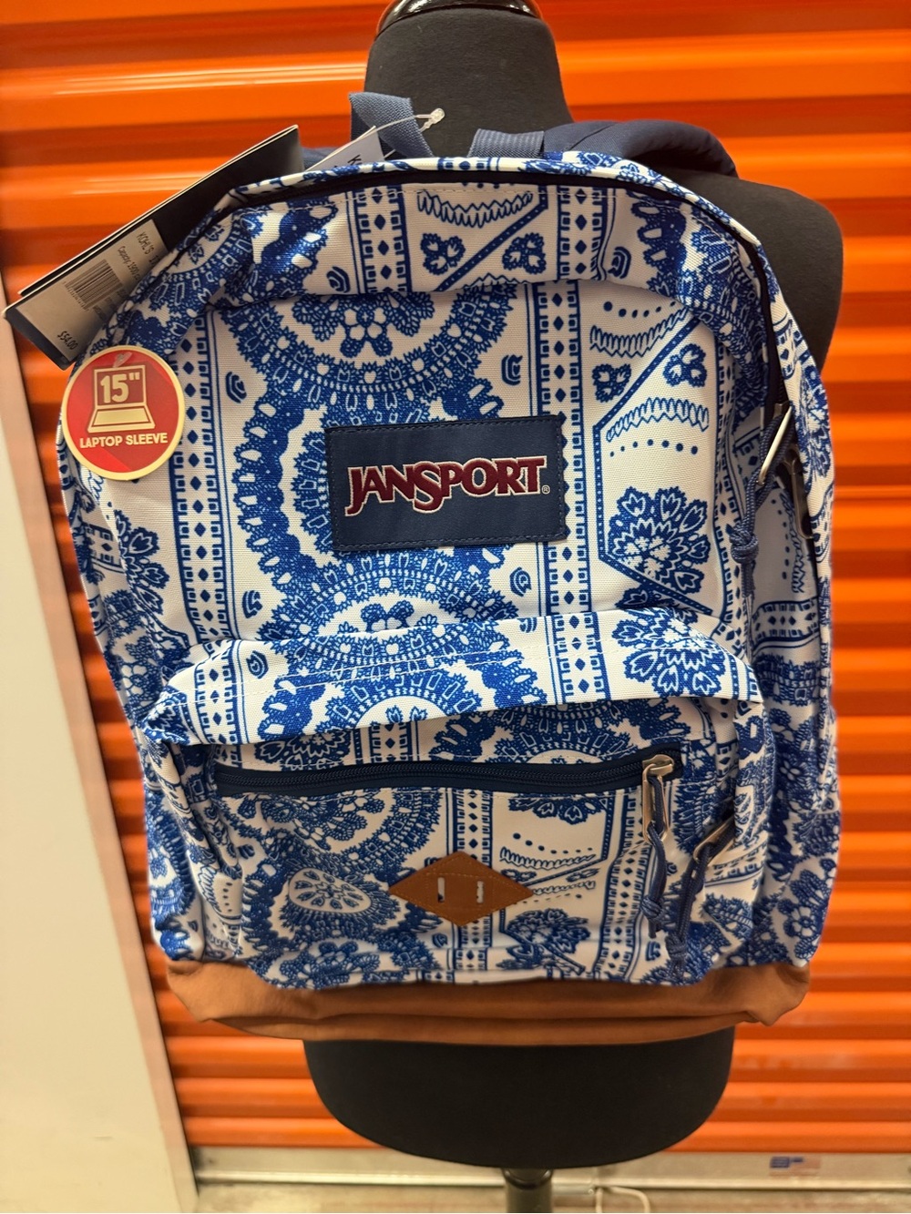 NWT JanSport City View Blue & White Patterned Backpack with Tan Accents